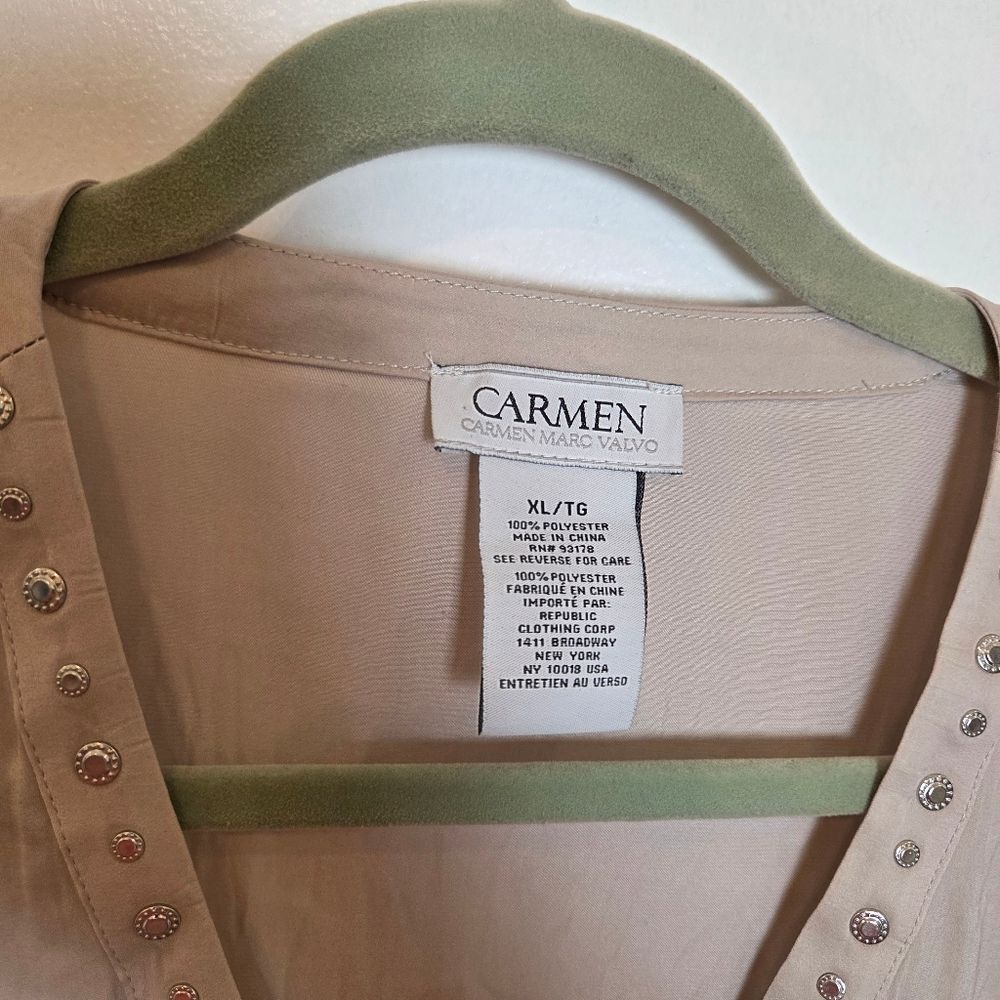 Carmen Marc Valvo Taupe Satin Peasant Blouse Top Slinky Formal Y2K Rhinestone XL - Picture 4 of 7